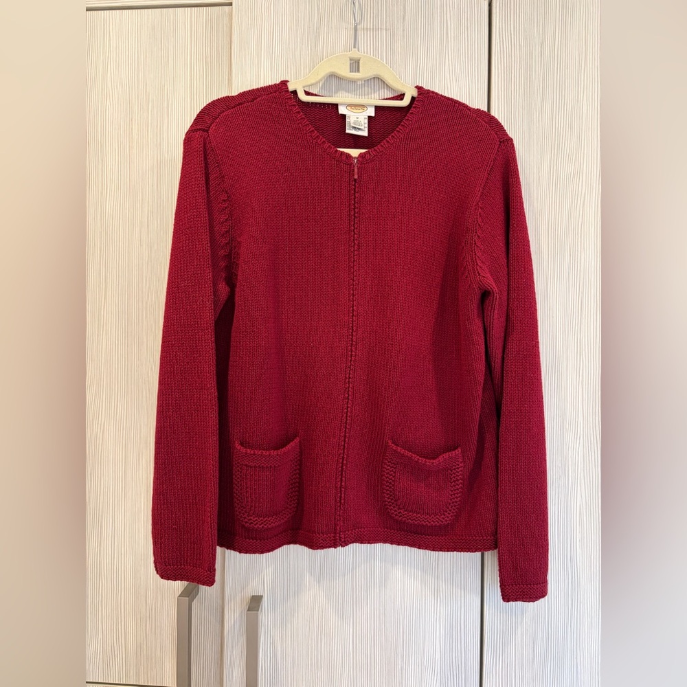 Talbots Ruby Red Heavy Knit Cotton Zip Up Cardigan Sweater Pockets Size‎ Medium